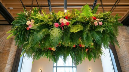 Fototapeta premium Dramatic display of prehistoric plants enhances indoor space with vibrant greenery and blooms