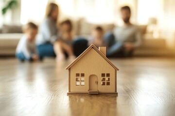 Family home planning, wooden house model, living room background, future home