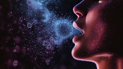 Obraz premium An artistic portrayal of human breath containing particles, depicting the unseen elements of existence and human biology, merging art with scientific curiosity and emotion.