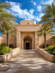 Obraz premium A grand architectural structure framed by palm trees under a blue sky, showcasing intricate designs and a wide staircase, Ideal for travel brochures, architectural magazines