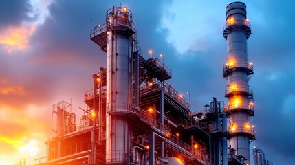 A vibrant industrial complex during sunset, showcasing towering smokestacks and illuminated structures, This image can be utilized for articles on energy production, industrial development