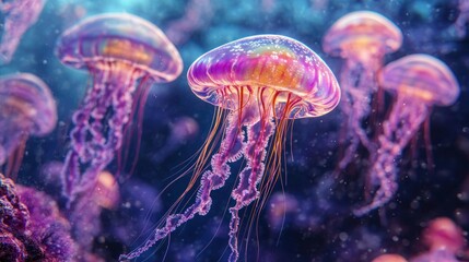 A Group of Jellyfish Floating Serene and Gently in the Deep Ocean