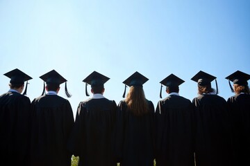 Students celebrate graduation day at outdoor. Future education, academic achievement concept