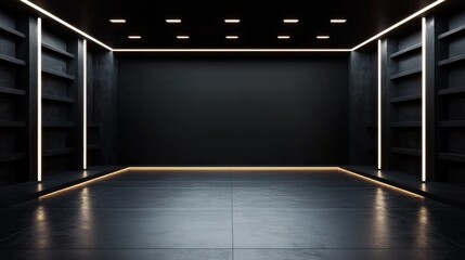 Fototapeta premium This image showcases a modern, minimalist room illuminated by subtle LED lights, emphasizing a sleek and sophisticated design in a dark aesthetic environment.