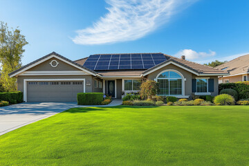 Obraz premium Solar Panels on modern house roof. End of the day, Idyllic atmosphere 