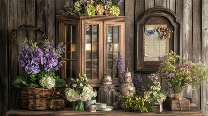 Rustic floral display on wooden shelf