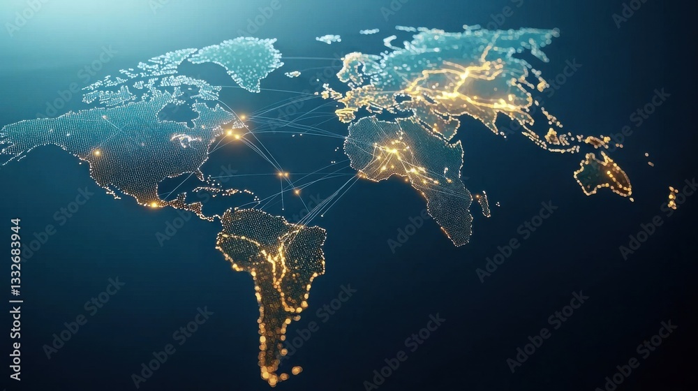 Poster global network connection with light trails and digital map visuals