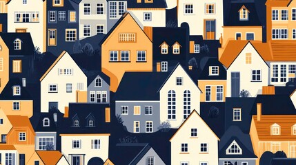 Stylized cityscape illustration showcasing a dense cluster of varied homes