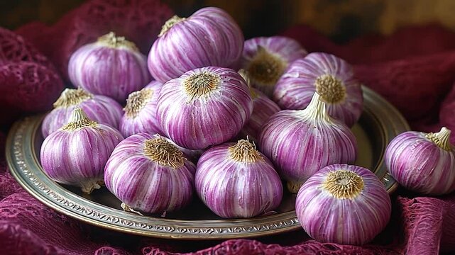 Freshly harvested purple garlic bulbs arranged on an ornate plate, showcasing their vibrant colors against a textured background