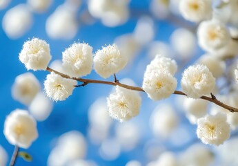 Fototapeta premium Delicate White Flowers on Branch against Blue Sky Perfect for Spring and Nature Themes in Stock Photography Collections