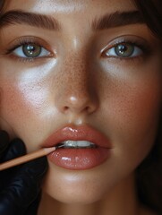 Naklejka premium Makeup artist applying lip liner on model's lips for perfect makeup
