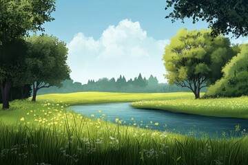 Lush Green Meadow With a Tranquil River and Trees Under a Bright Blue Sky During Midday