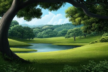 Tranquil Landscape View of a Serene River Surrounded by Lush Greenery and Trees on a Sunny Afternoon