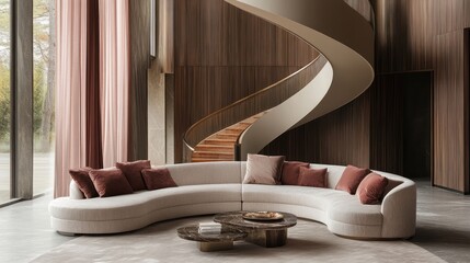 Modern curved sofa in luxury home, spiral staircase background, interior design