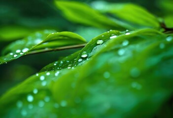 Fototapeta premium macro vivid raindrops glimmering fresh green leaves capturing beauty, leaf, nature, water, vibrant, droplet, flora, foliage, freshness, environment, park