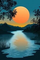 Sunset Reflection Over a Tranquil River Surrounded by Trees and Mountains at Dusk