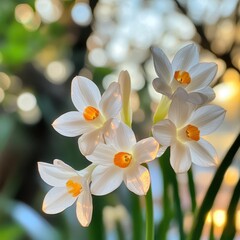 Naklejka premium Delicate White Flowers with Bright Orange Centers Against a Soft Bokeh Background in Natural Light, Perfect for Spring-themed Designs and Projects