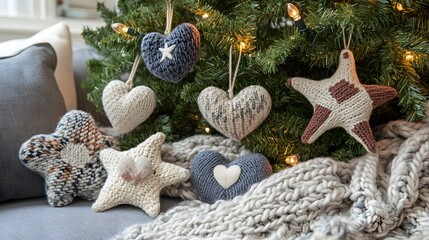Cozy knitted heart and star ornaments adorn a Christmas tree and rest on a chunky knit blanket.  A festive and heartwarming winter scene.