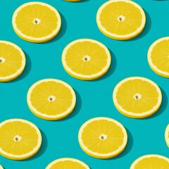 Obraz premium Vibrant Yellow Lemon Slices Pattern on Turquoise Background: A Summer Citrus Delight