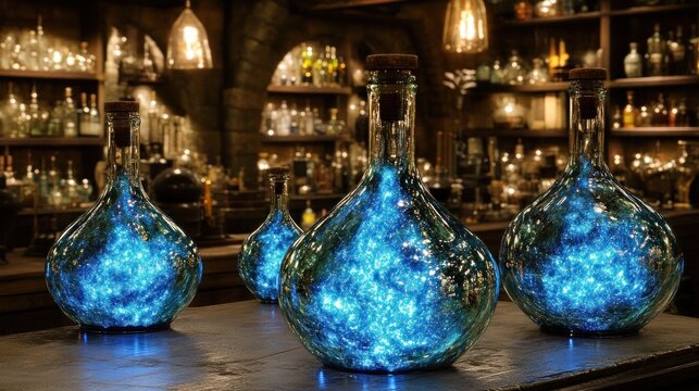 Glowing blue potions in a dark apothecary