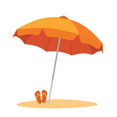 Obraz premium Vibrant orange beach umbrella with flip-flops on white background, summer fun