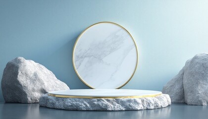 Stone And Rock-Shaped Render For Round Podium Pedestal For Brand Product Exhibition In Gold And White - Mockup Template For Ads.