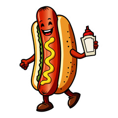 Funny Hot Dog Cartoon | Playful Fast Food Mascot with Ketchup, Hot dog character, Hot dog mascot, Funny food illustration, Fast food cartoon, Cute food mascot, Animated hot dog, Ketchup bottle art, 