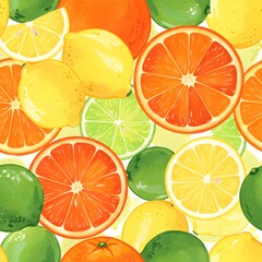 Watercolor citrus fruit seamless pattern, featuring lemons, oranges, and limes. Seamless Patterns