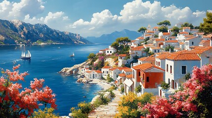 Oceanfront Greek town with whitewashed buildings high resolution hd picture