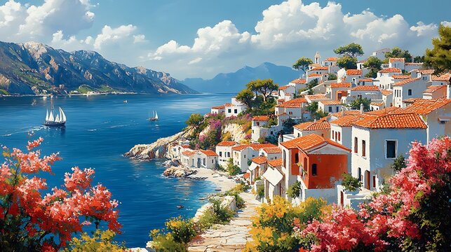 Oceanfront Greek town with whitewashed buildings high resolution hd picture
