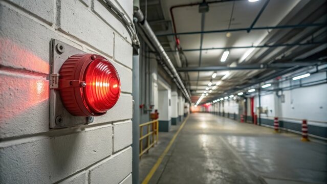 A red alarm light illuminates a corridor, highlighting the industrial setting and emphasizing safety and alertness in the environment.