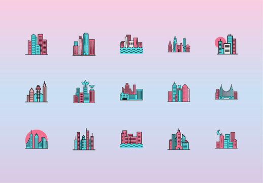 Blue and Fuchsia Urban City Landscape Illustration Set