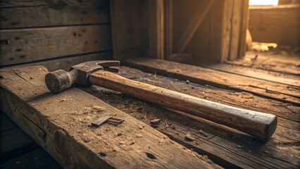 Obraz premium Rustic hammer on a dusty wooden floor in a workshop, warm sunlight creating a nostalgic and peaceful ambiance