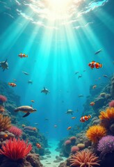 Naklejka premium vibrant colorful seascape featuring diverse marine life under bright sunlit waters playful waves, aquatic, bubbles, beach, blue, coral, currents, deep