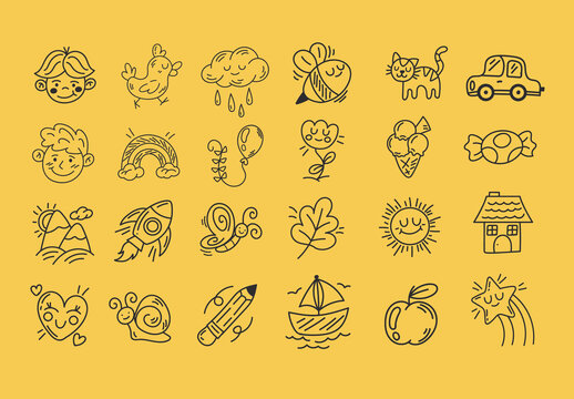 Black Kids Doodles Fun Sketch Illustration Set