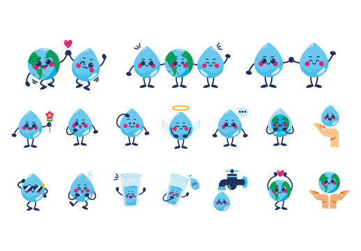 Blue Water Droplet Smiling Cartoon Illustration Set