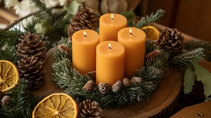 Four amber candles encircled by a frosted evergreen wreath, accented with pine cones and dried orange slices. A rustic wooden base completes this festive Advent arrangement.