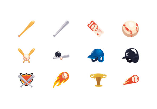 Colorful Baseball Championship Trophy Helmet Icons Set