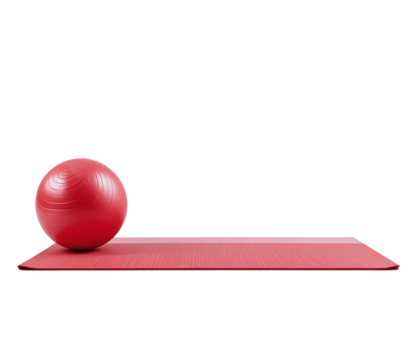 Red exercise ball and yoga mat fitness equipment for home workout isolated on transparent background