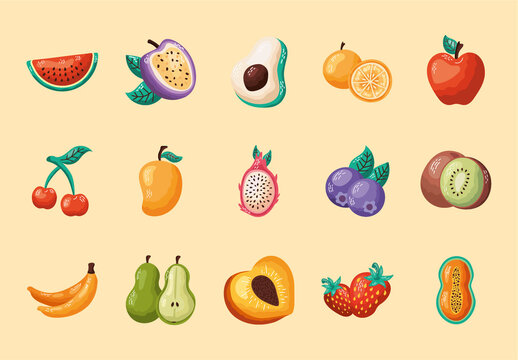 Colorful Eat A Rainbow Healthy Fruits Icons Set