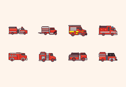 Colorful Firefighter Trucks Emergency Rescue Icons Set