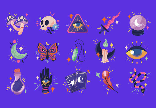 Colorful Esoteric Witchcraft Tarot Magic Icons Set
