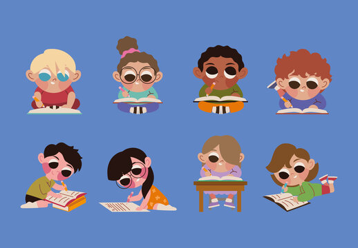Colorful Kid Writing Studying School Learning Icons Set