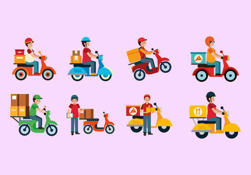 Colorful Motorcycle Delivery Illustration Set