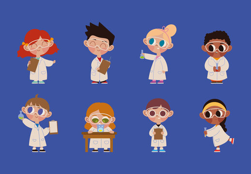 Colorful Scientist Kid Character Illustration Set