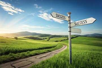 Obraz premium A scenic landscape featuring a road signpost labeled 