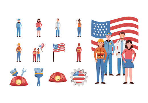 Colorful USA Labor Day Illustration Set