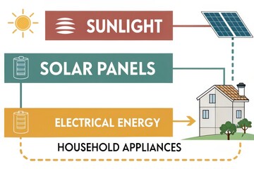 This infographic illustrates the process of converting sunlight into electrical energy using solar panels to power household appliances.