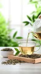 A serene scene featuring a cup of green tea being poured from a glass teapot, surrounded by loose tea leaves and lush green plants.