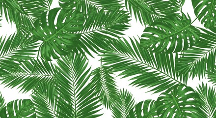 Tropical palm leaves pattern in bold green hues on a white background. Seamless Patterns
